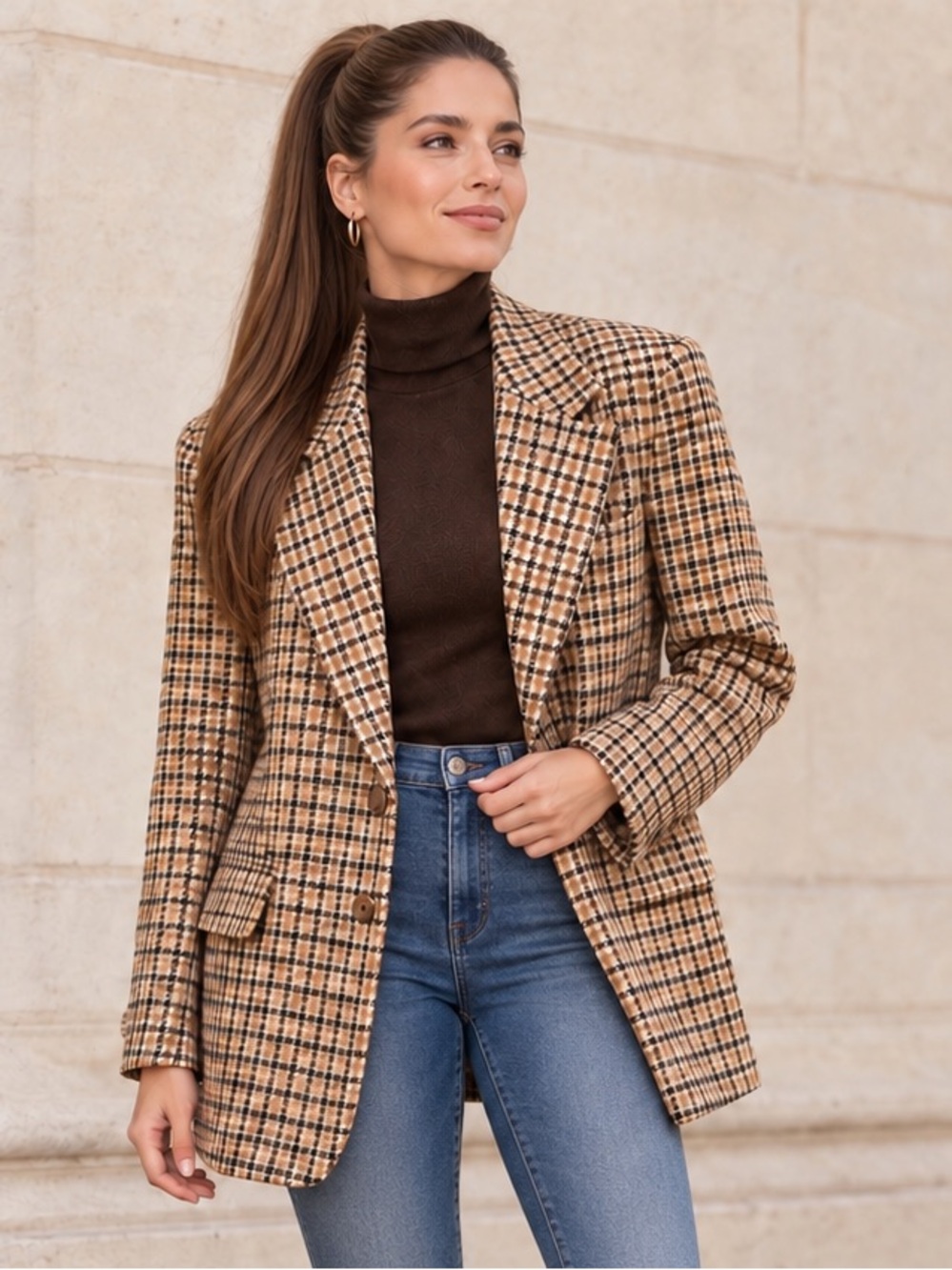 Vintage Dark Academia Old Money Brown Houndstooth Wool Blazer L